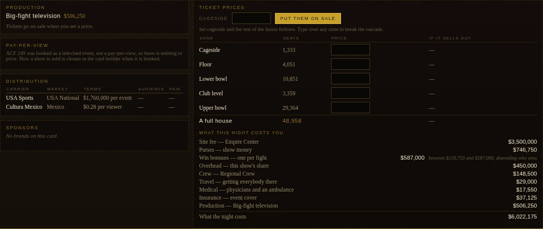 The show sheet: ticket prices by zone and what the night costs